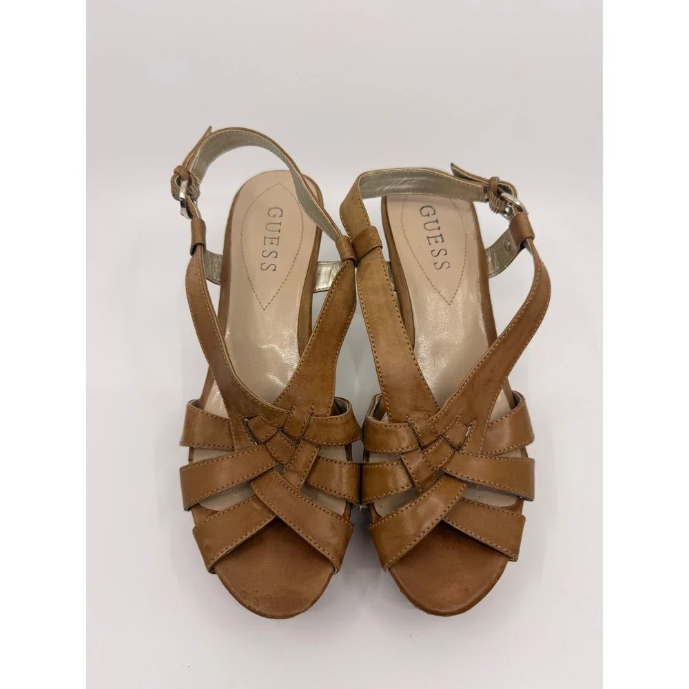 Guess WGKayce Womens Tan Brown Cork Platform Wedge Strappy Sandals Size 7M